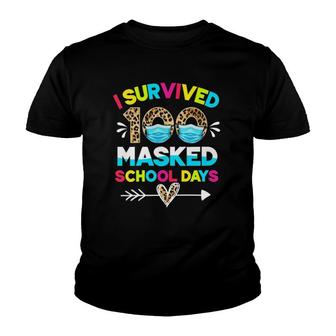 Womens I Survived 100 Masked School Days Funny 100Th Day Of School V-Neck Youth T-shirt | Mazezy