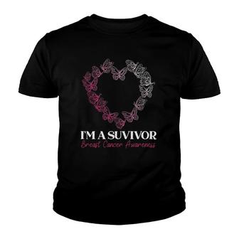 Womens Im A Survivor Breast Cancer Awareness Pink Butterfly Heart Youth T-shirt - Thegiftio UK