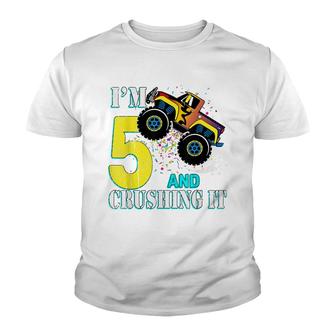 5 Year Old Girl 5Th Birthday Monster Truck Boy Crushing It Youth T-shirt - Seseable