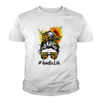 Auntie Life Messy Hair Bun Sunflower Women Mothers Day Youth T-shirt - Thegiftio UK