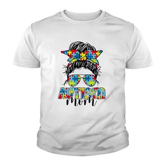 Autism Awareness Autism Mom Messy Bun Sunglasses Bandana Youth T-shirt - Thegiftio UK