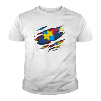 Autism Awareness Power Superhero Puzzle Piece Gift Youth T-shirt - Thegiftio UK