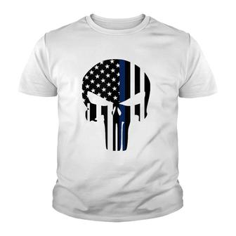 Blue Line American Skull Flag Support Police Youth T-shirt - Thegiftio UK