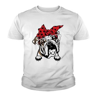 Cute English Bulldog Red Plaid Headband And Glasses Youth T-shirt - Thegiftio UK