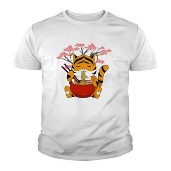 Cute Tiger Ramen Noodles Sakura Flowers Chinese Character Youth T-shirt - Thegiftio UK