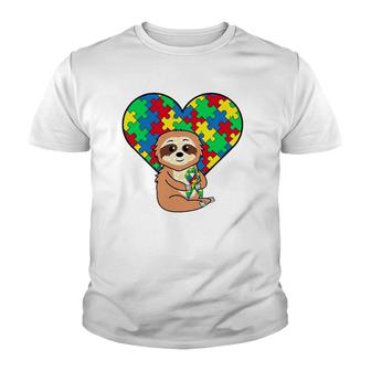 Sloth Heart Puzzle Piece Ribbon Cool Autism Awareness Gift Youth T-shirt - Thegiftio UK