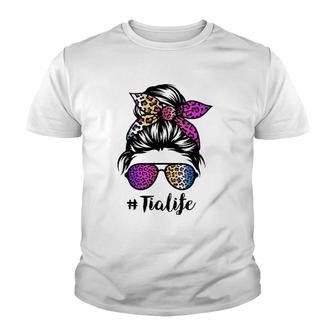 Tia Life With Rainbow Leopard Messy Bun Mothers Day Youth T-shirt - Thegiftio UK