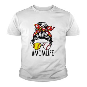 Womens Dy Mom Life Softball Baseball Mothers Day Messy Bun Youth T-shirt - Seseable