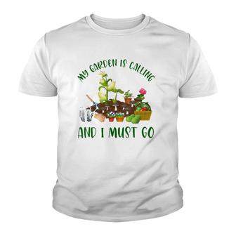 Womens My Garden Is Calling And I Must Go Funny Gardener Gardening V-Neck Youth T-shirt | Mazezy