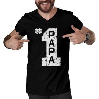 1 Papa Number One Papa Dad Father Grandpa Fathers Day Gift Men V-Neck Tshirt - Seseable