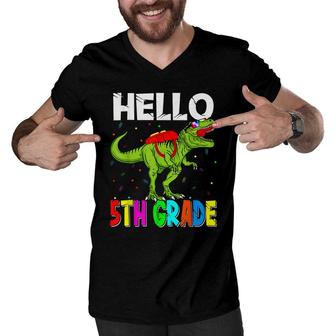 Back To School Hello 5Th Grade Dinosaur For Boy Kids Girl Men V-Neck Tshirt - Seseable
