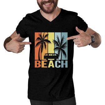Beach Van Palm Trees Retro Sunset Stripes Men V-Neck Tshirt - Seseable