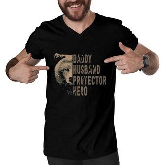 Bear Dad Funny Husband Daddy Protector Hero Fathers Day Men V-Neck Tshirt - Seseable