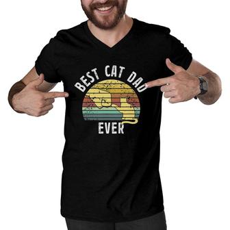 Best Cat Dad Ever Fathers Day Retro Sun Cats Lovers Men V-Neck Tshirt - Seseable