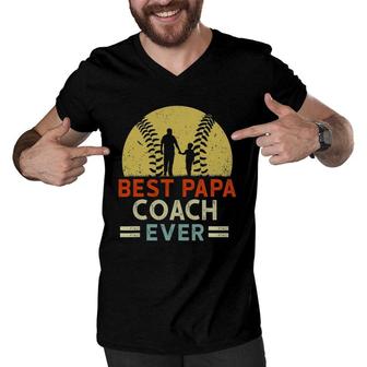 Best Papa Coach Ever Retro Baseball Softball Dad Fathers Day Men V-Neck Tshirt - Seseable