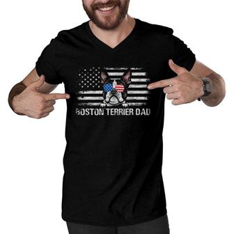 Boston Terrier Dad American Flag 4Th Of July Patriotic Gift Men V-Neck Tshirt - Seseable