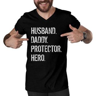 Cool Father Dad Gift Husband Daddy Protector Hero Men V-Neck Tshirt - Seseable