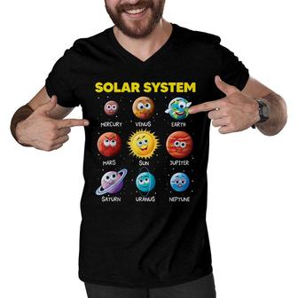 Cute Solar System Funny Planet Faces Space Science Boy Girl Men V-Neck Tshirt - Seseable