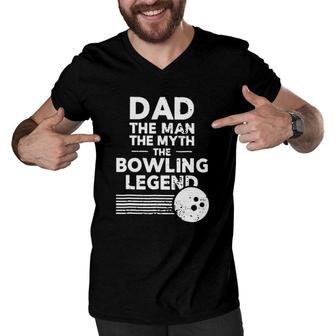 Dad The Man Myth Bowling Legend Retro Vintage Bowling Ball Stripes Fathers Day Bowlers Men V-Neck Tshirt - Seseable