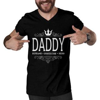 Daddy Husband Protector Hero Fathers Day Gift Men Men V-Neck Tshirt - Seseable