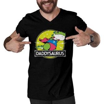 Daddysaurus Funny Dad Designs From Son Daughter Fathers Day Men V-Neck Tshirt - Seseable