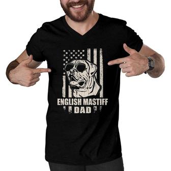 English Mastiff Dad Cool Vintage Retro American Flag Men V-Neck Tshirt | Mazezy