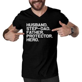 Fathers Day Husband Step Dad Protector Hero Dad Men V-Neck Tshirt - Seseable