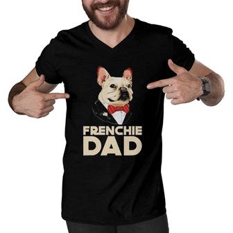 Frenchie Dad French Bulldog With Suit Fathers Day Men V-Neck Tshirt - Seseable