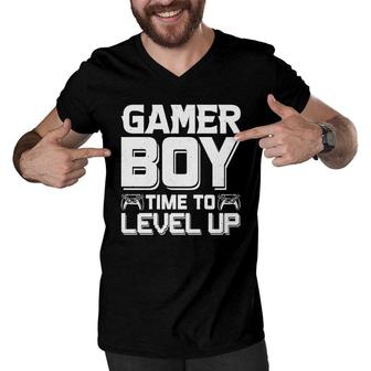 Gamer Boy Time To Level Up White Design Birthday Boy Matching Video Gamer Men V-Neck Tshirt - Seseable