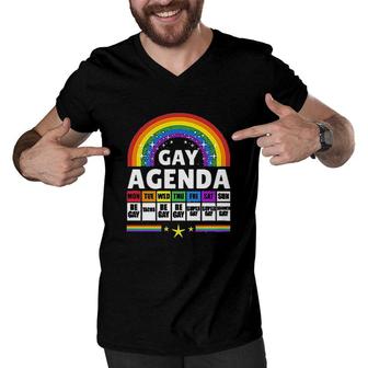 Gay Agenda Colorful Rainbow Gift LGBT Pride Month Men V-Neck Tshirt - Seseable
