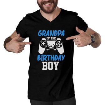 Grandpa Of The Birthday Boy Matching Video Gamer Blue Great Men V-Neck Tshirt - Seseable