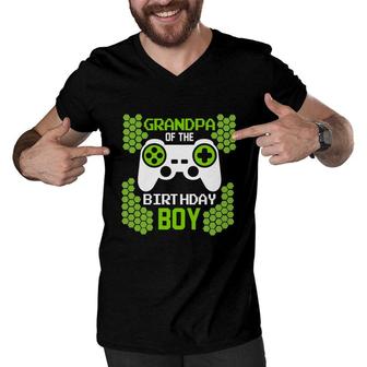Grandpa Of The Birthday Boy Matching Video Gamer Green Men V-Neck Tshirt - Seseable