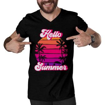 Hello Summer Beach Retro Sunset Summer Men V-Neck Tshirt - Seseable