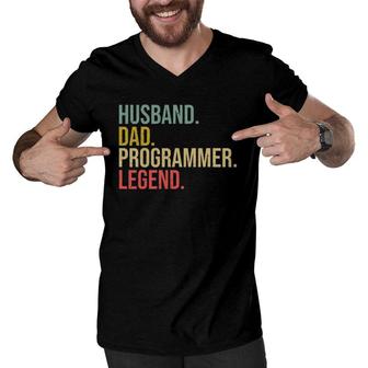 Husband Dad Programmer Legend Fathers Day Programming Men V-Neck Tshirt - Seseable