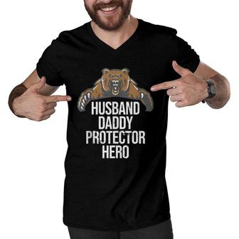 Husband Daddy Protector Hero Cool Bear Father Dad Men V-Neck Tshirt - Seseable