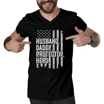 Husband Daddy Protector Hero Dad Hero American Flag Men V-Neck Tshirt - Seseable
