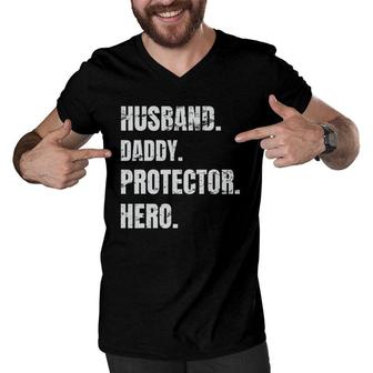 Husband Daddy Protector Hero Fathers Day For Dad Men V-Neck Tshirt - Seseable