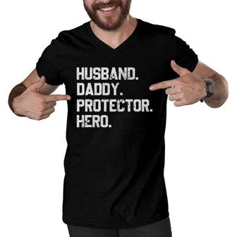 Husband Daddy Protector Hero Fathers Day For Dad Men V-Neck Tshirt - Seseable