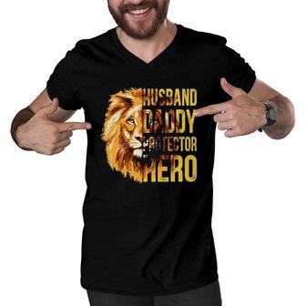 Husband Daddy Protector Hero Funny Husband Gifts From Wife Men V-Neck Tshirt - Seseable