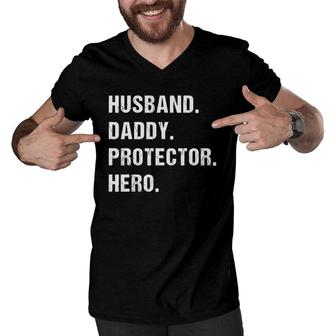 Husband Daddy Protector Hero Gift For Dad Christmas Birthday Men V-Neck Tshirt - Seseable