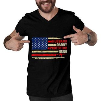 Husband Daddy Protector Hero Us Flag 4Th Of July Fathers Day Men V-Neck Tshirt - Seseable