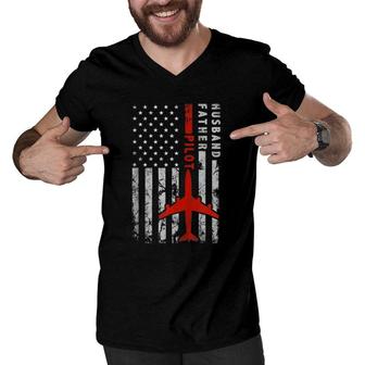Husband Father Pilot American Flag Fathers Day Papa Gift Zip Men V-Neck Tshirt - Seseable