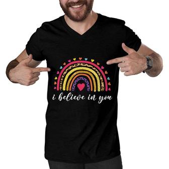 I Believe In You Rainbow Leopard Print Test Day Teacher Men V-Neck Tshirt - Seseable