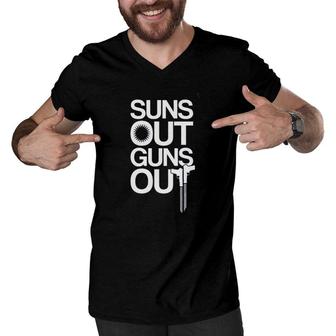 Impression Gift Suns Out Guns Out Letters Men V-Neck Tshirt - Seseable