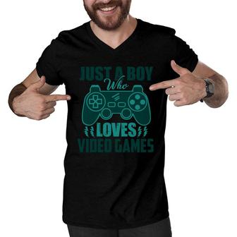 Just A Boy Loves Video Games Boy Matching Video Gamer Men V-Neck Tshirt - Seseable