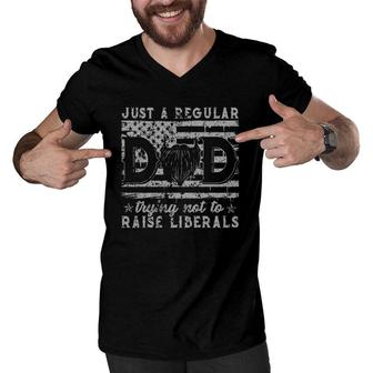 Just A Regular Dad Trying Not To Raise Liberals Beard Dad American Flag Men V-Neck Tshirt - Seseable