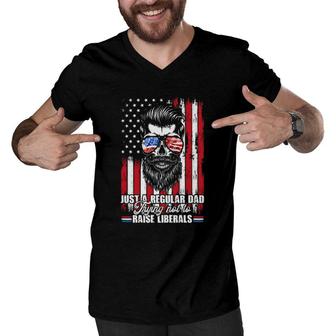 Just A Regular Dad Trying Not To Raise Liberals Beard Dad American Flag Sunglasses Men V-Neck Tshirt - Seseable