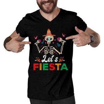 Lets Fiesta Mexican Sombrero Skull Margarita Senorita Men V-Neck Tshirt - Seseable