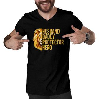 Lion Dad Funny Husband Daddy Protector Hero Fathers Day Men V-Neck Tshirt - Seseable