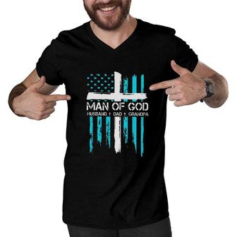 Man Of God Husband Dad Grandpa American Flag Pride Men V-Neck Tshirt - Seseable